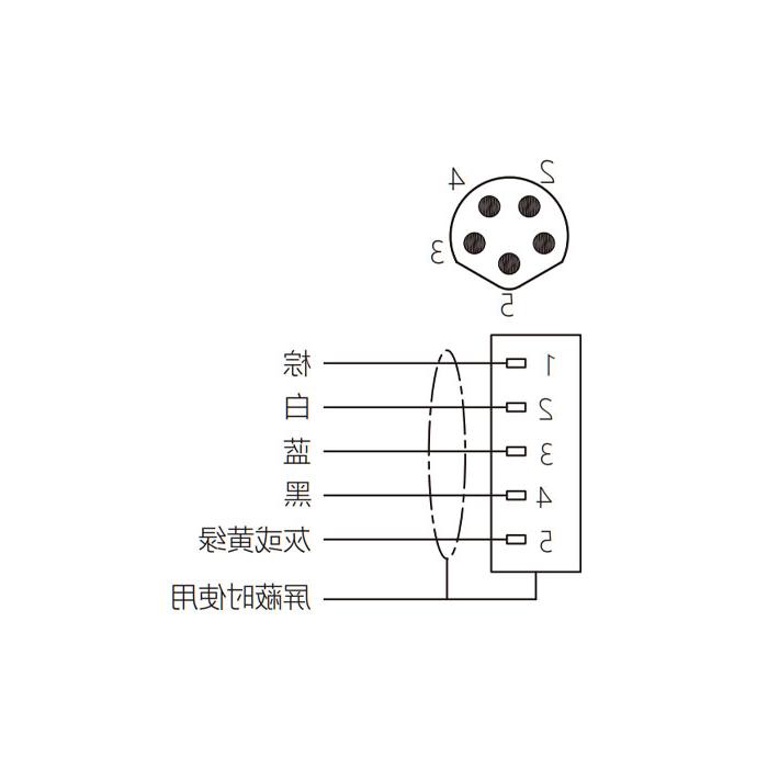 M8 5Pin、公头直型、单端预铸PUR柔性电缆、带屏蔽、黑色护套、63S725-XXX